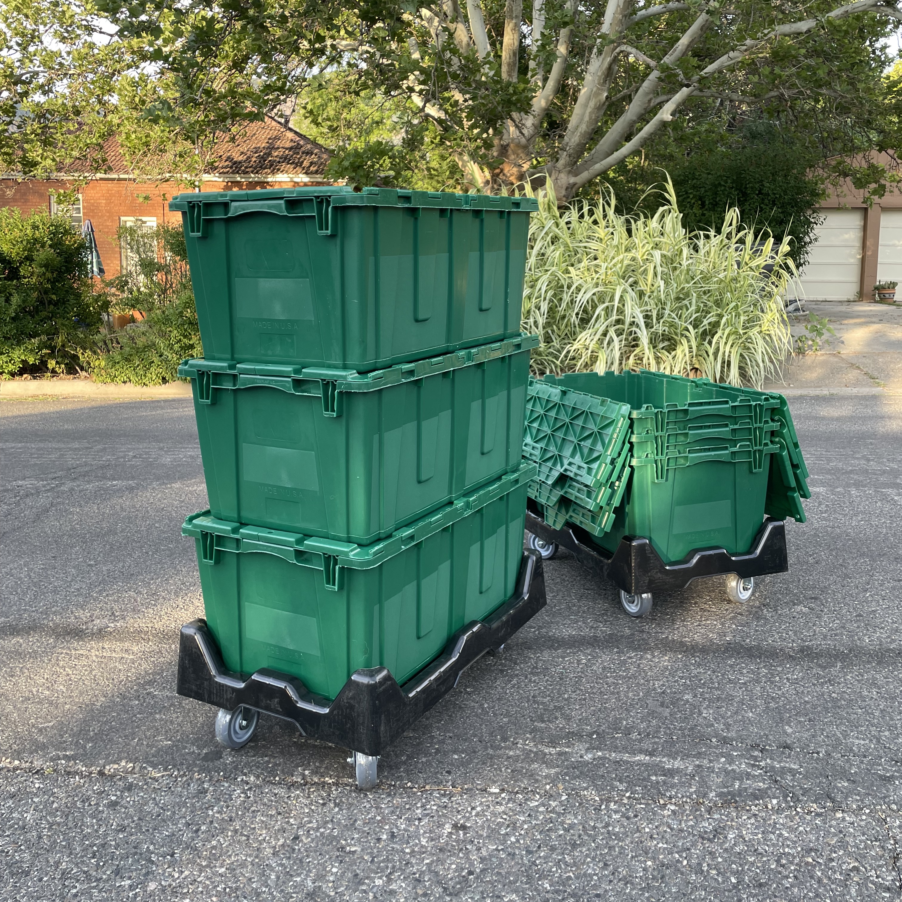 ToteMover heavy-duty storage bins stacked and ready for delivery